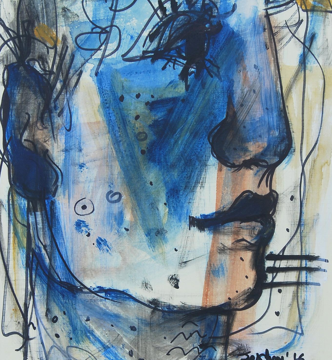 Couple, Faces, Mixed Media, Blau, Schwarz, Weiß von Indian Artist „In Stock““ im Angebot 5