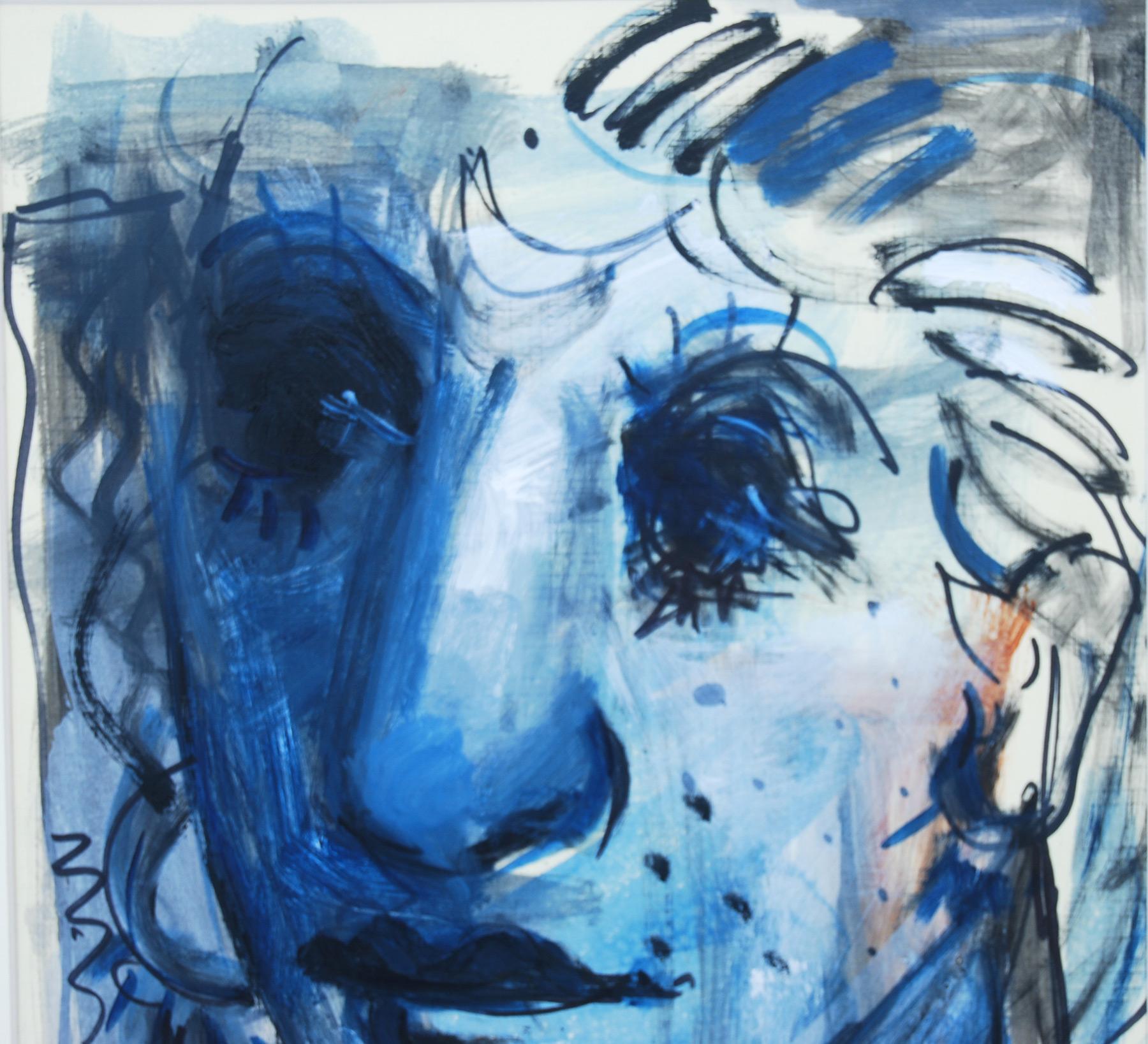 Couple, Faces, Techniques mixtes, Bleu, Noir, Blanc de l'artiste indien « En stock » - Gris Figurative Painting par Sekhar Kar