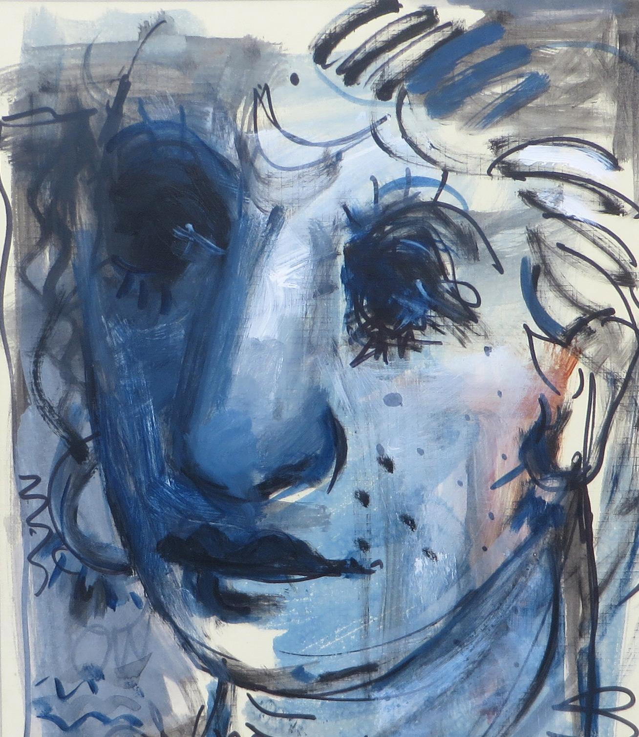 Couple, Faces, Mixed Media, Blue, Black, White by Indian Artist 