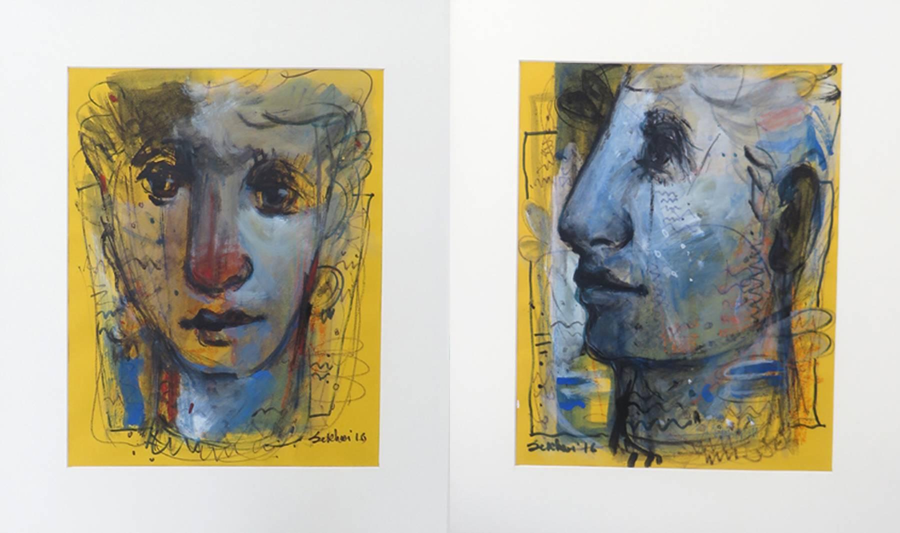 Sekhar Kar Portrait Painting - Expression, Faces, Mixed Media, Blue, Black, White by Indian Artist "In Stock"