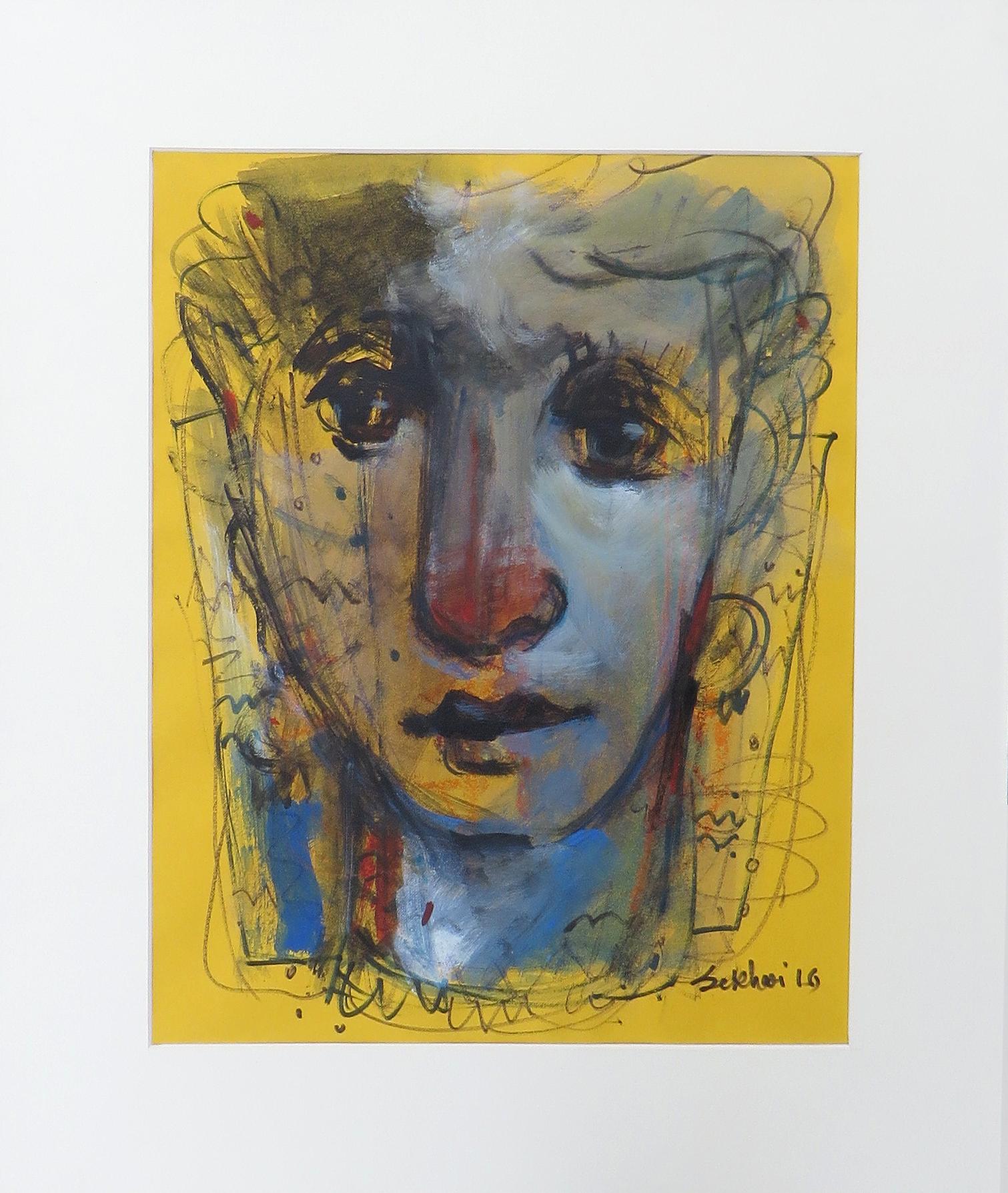 Expression, Gesichter, Mischtechnik, Blau, Schwarz, Weiß von indischer Künstler „In Stock“ – Painting von Sekhar Kar