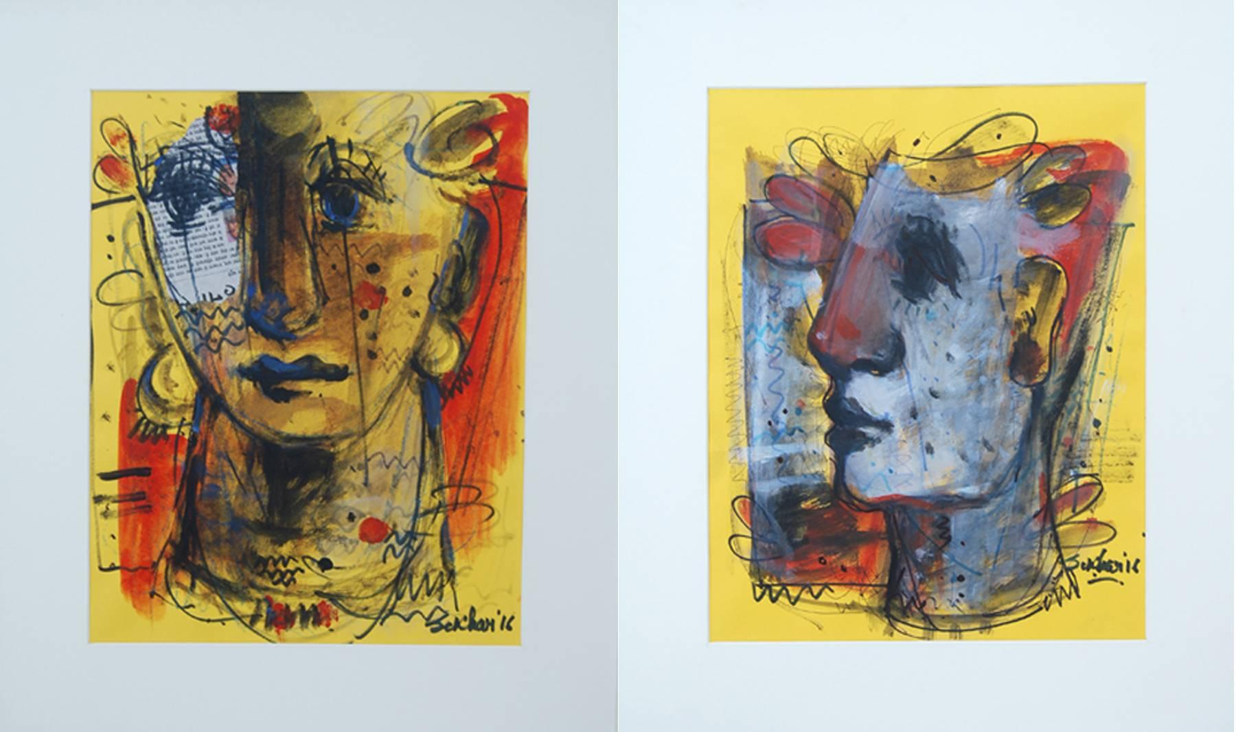 Sekhar Kar Portrait Painting – Man & Frau, Gesichter, Mixed Media, Rot, Blau, Braun von Indian Artist „In Stock““