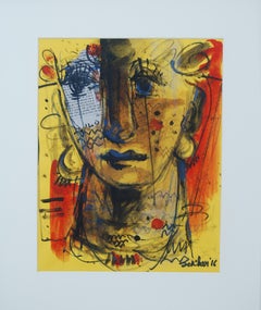 Man & Woman, Faces, Mixed Media, Red, Blue, Brown by Indian Artist "In Stock"