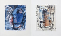 Faces, Calmité et sérénité, technique mixte sur papier, bleu, blanc, marron « En stock »