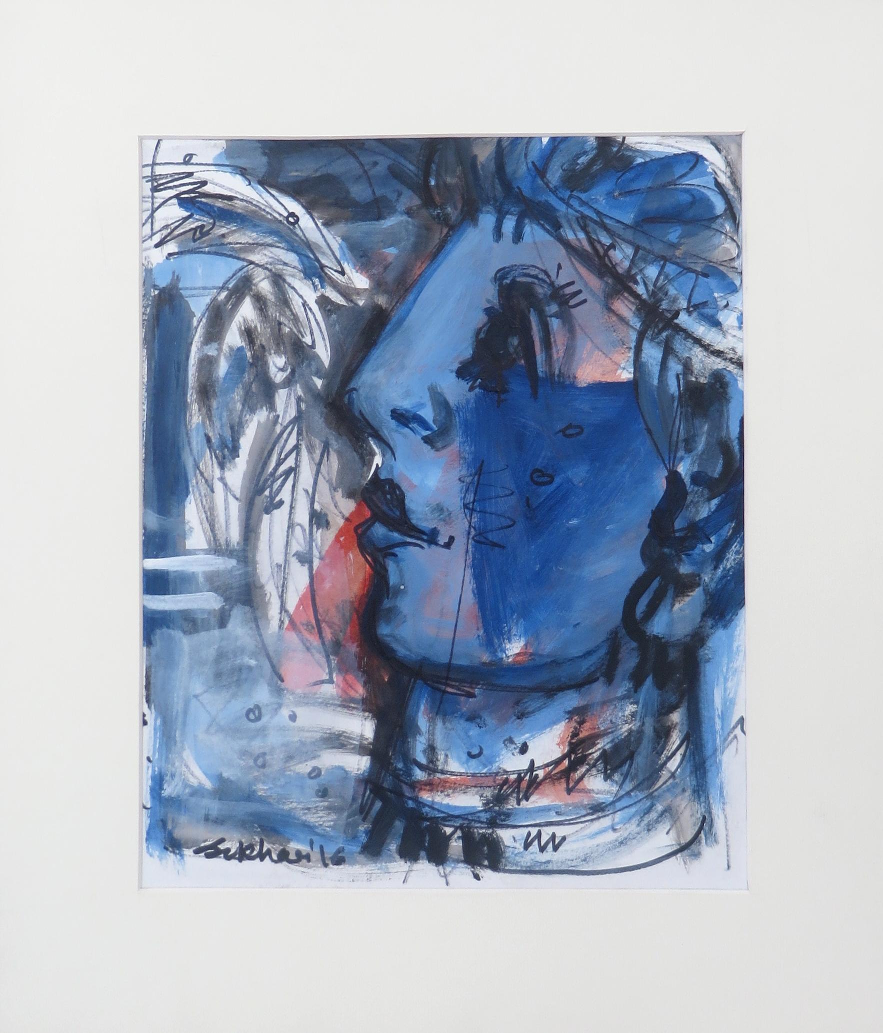 Faces, Calmité et sérénité, technique mixte sur papier, bleu, blanc, marron « En stock » - Painting de Sekhar Kar