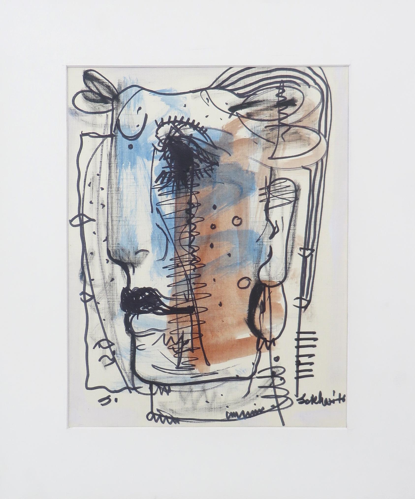Faces, Calmité et sérénité, technique mixte sur papier, bleu, blanc, marron « En stock » - Contemporain Painting par Sekhar Kar