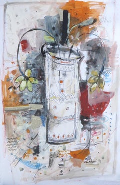 Blumenvase „Blumenblumen“ von Sekhar Kar in herrlichen Mixed Media-Arbeiten in ruhigen Farben