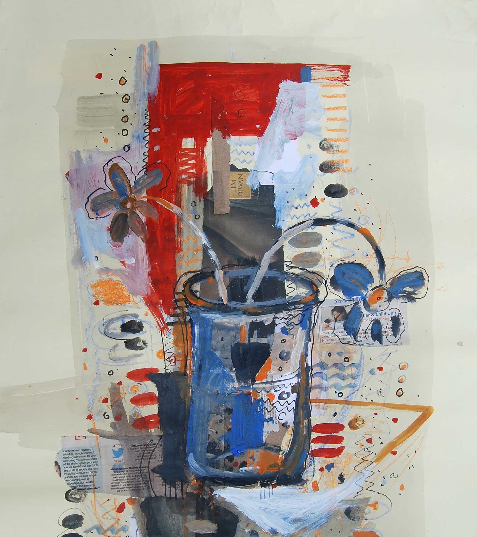 Flower Vase, Mixed Media on paper, Red, Blue, Black by Indian Artist 