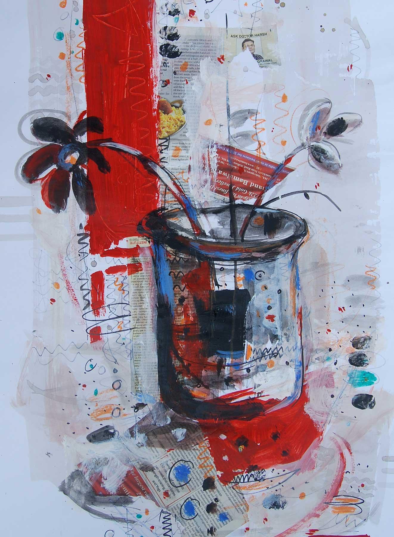 Flower Vase,  Mixed Media Painting, Red, Black, Blue by Indian Artist 