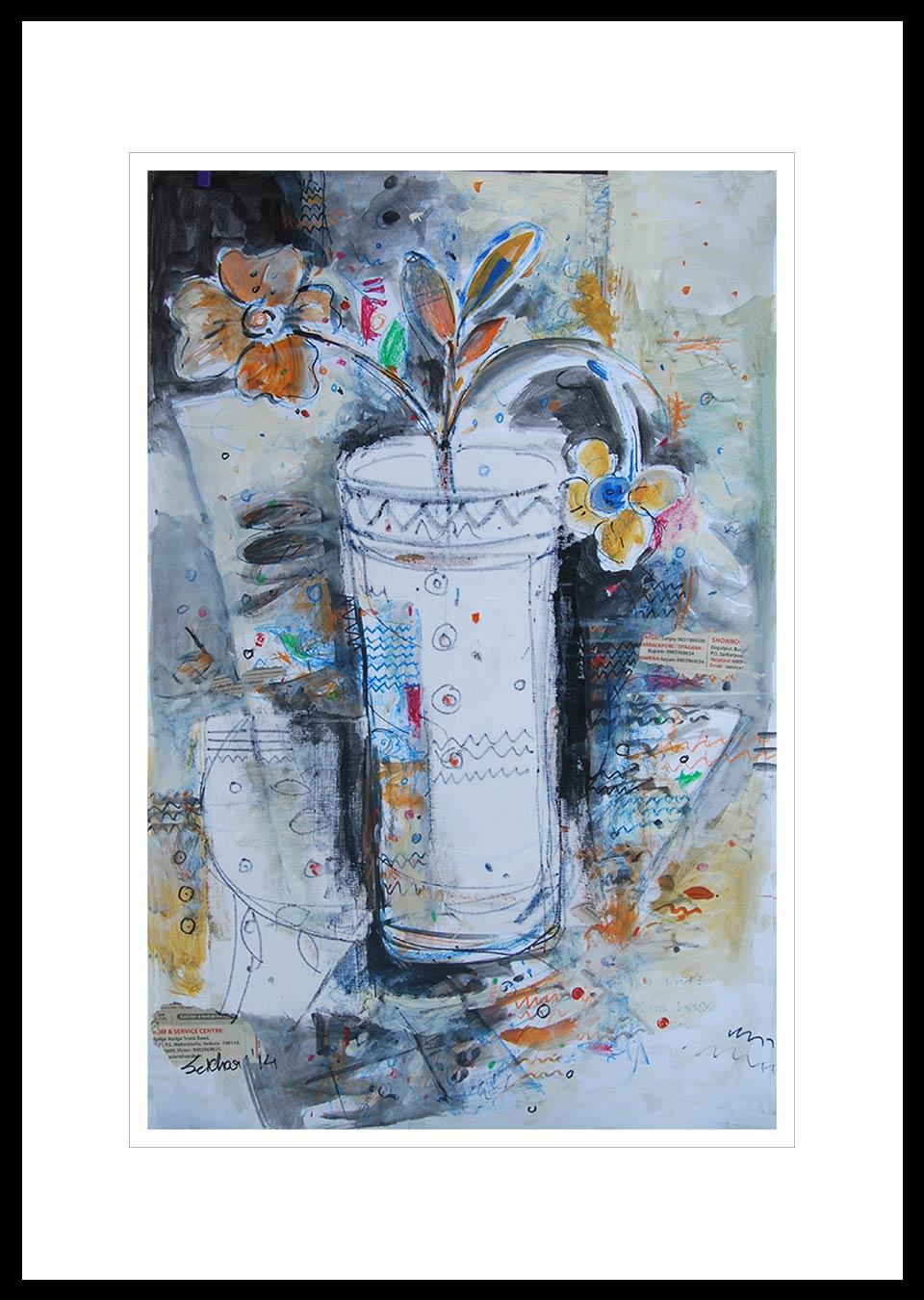 Sekhar Kar Still-Life Painting - Flower Vase, Mixed Media on paper, Blue, Red, Black by Indian Artist "In Stock"