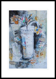 Flower Vase, Mixed Media on paper, Blue, Red, Black by Indian Artist "In Stock"