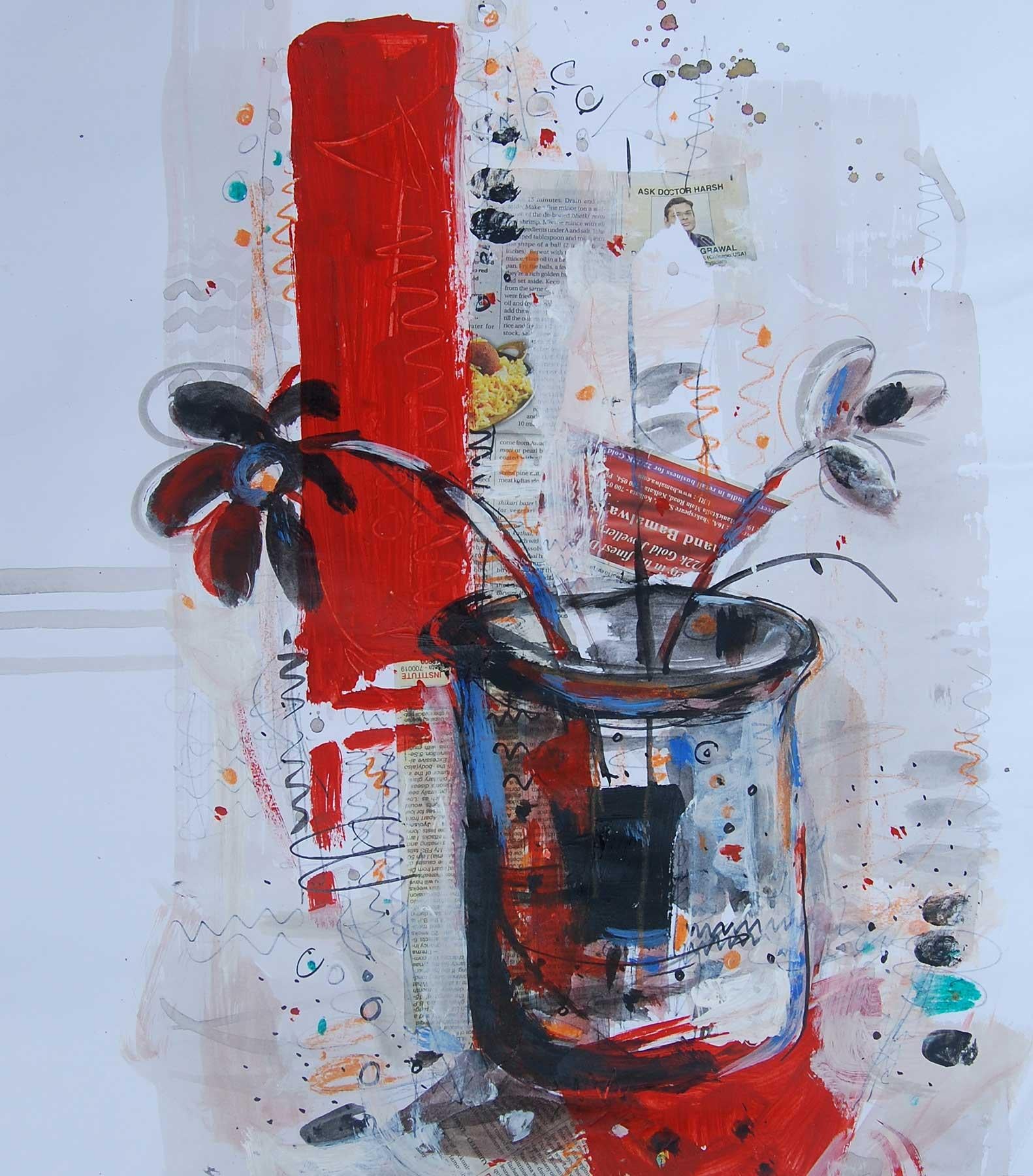 Flower Vase,  Mixed Media Painting, Red, Black, Blue by Indian Artist 