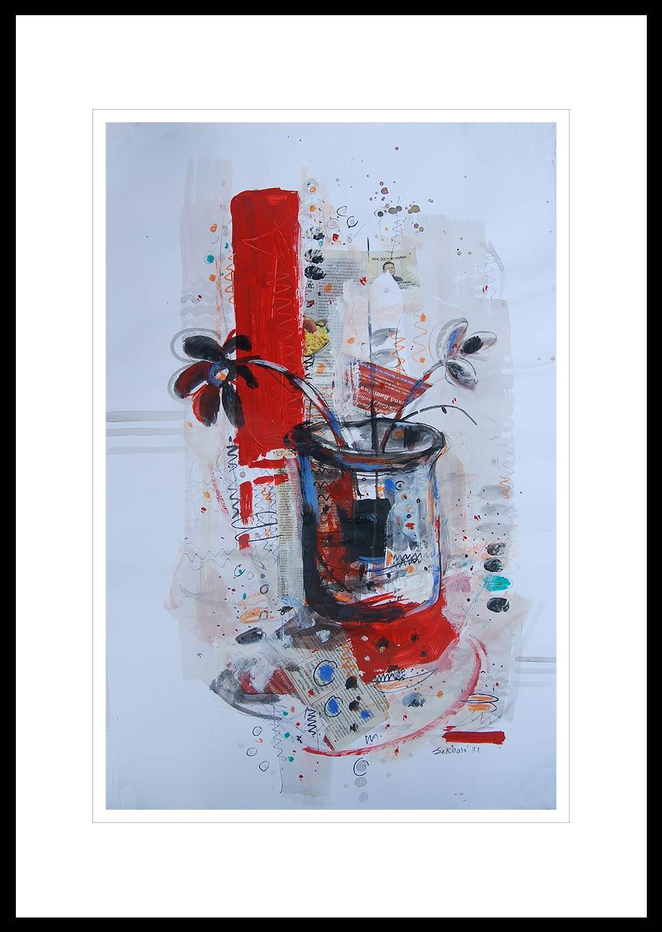 Flower Vase,  Mixed Media Painting, Red, Black, Blue by Indian Artist "In Stock" - Mixed Media Art by Sekhar Kar