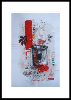 Flower Vase,  Mixed Media Painting, Red, Black, Blue by Indian Artist "In Stock"