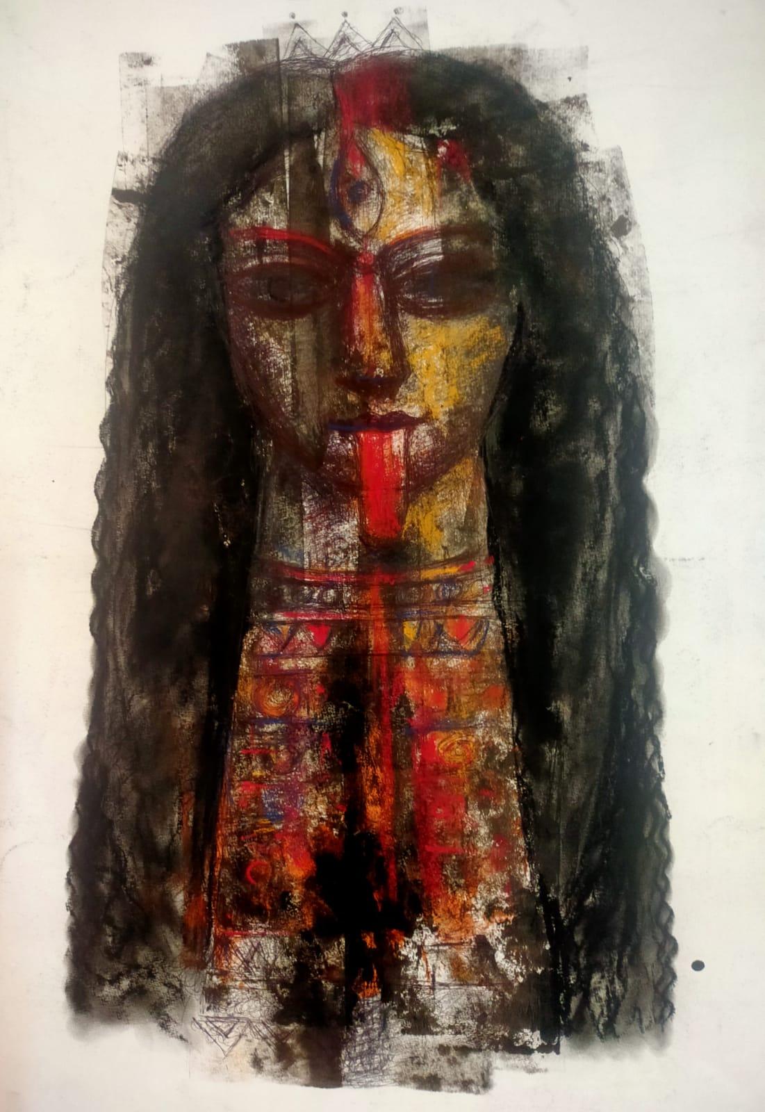 Kali, Técnica Mixta sobre Papel Negro, Rojo Artista Contemporáneo Indio-In Stock - Mixed Media Art de Sekhar Kar