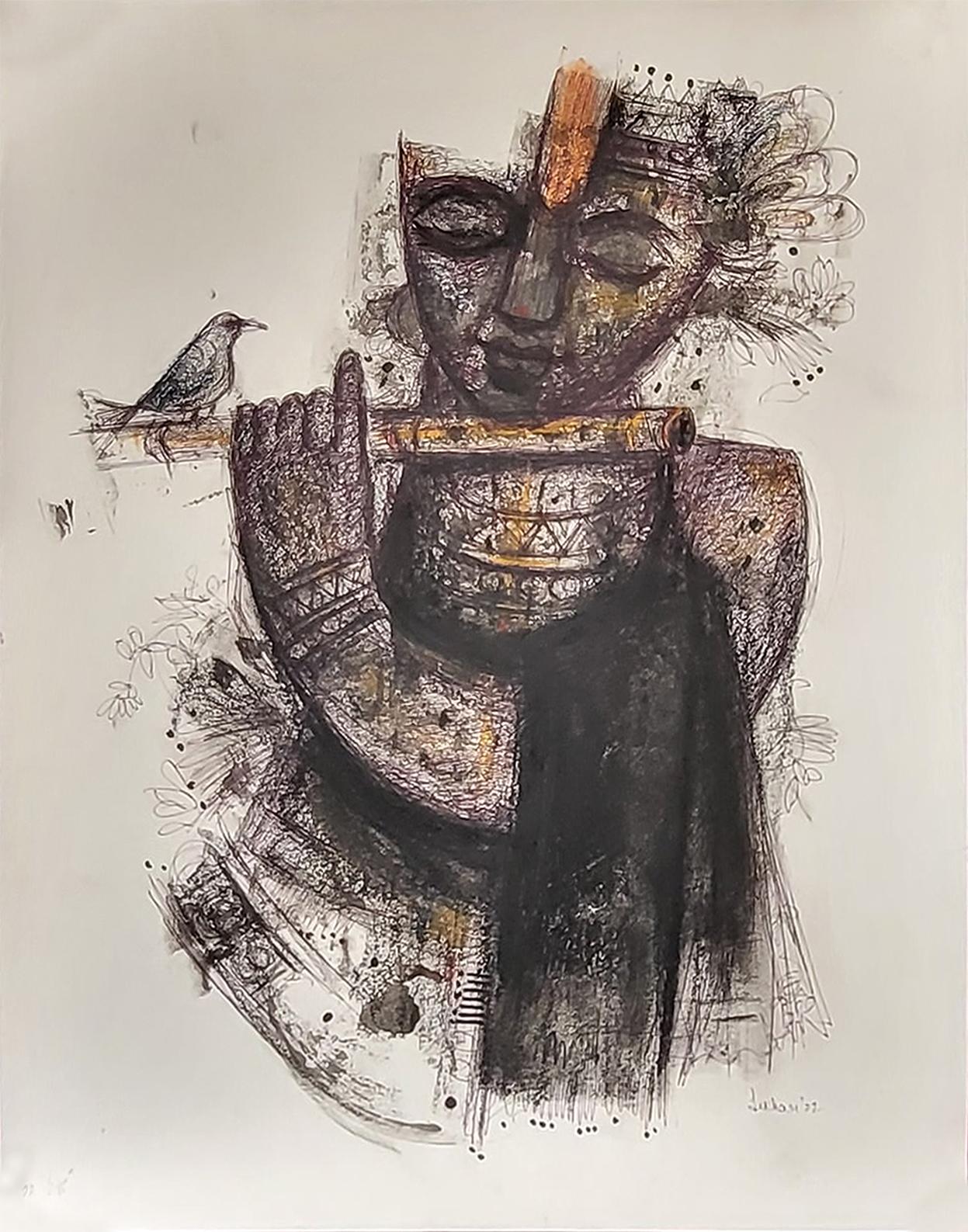 Krishna, technique mixte sur papier noir, artiste contemporain indien rouge - en stock - Mixed Media Art de Sekhar Kar