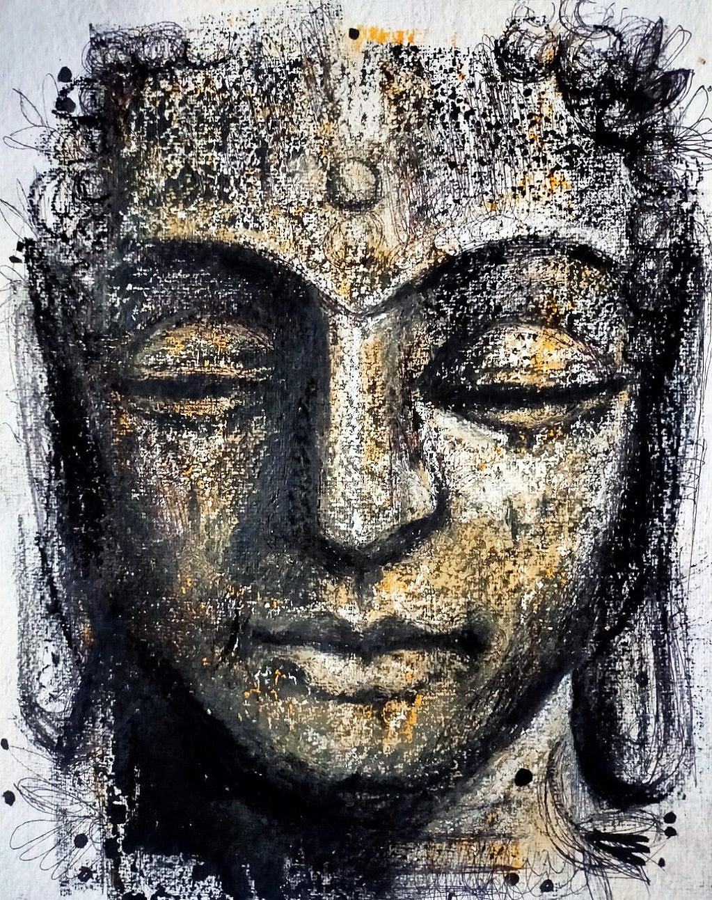 Lord Buddha, Mixed Media on Paper, Yellow Black by Contemporary Artist-In Stock