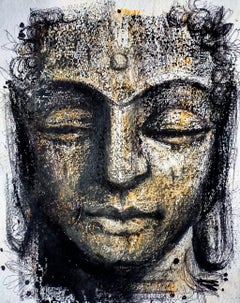Lord Buddha, technique mixte sur papier, noir jaune par artiste contemporain, en stock