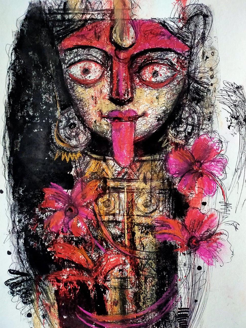 Maa Kali, technique mixte sur papier, rouge, rose, noir, de l'artiste contemporain - en stock