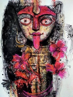 Maa Kali, technique mixte sur papier, rouge, rose, noir, de l'artiste contemporain - en stock