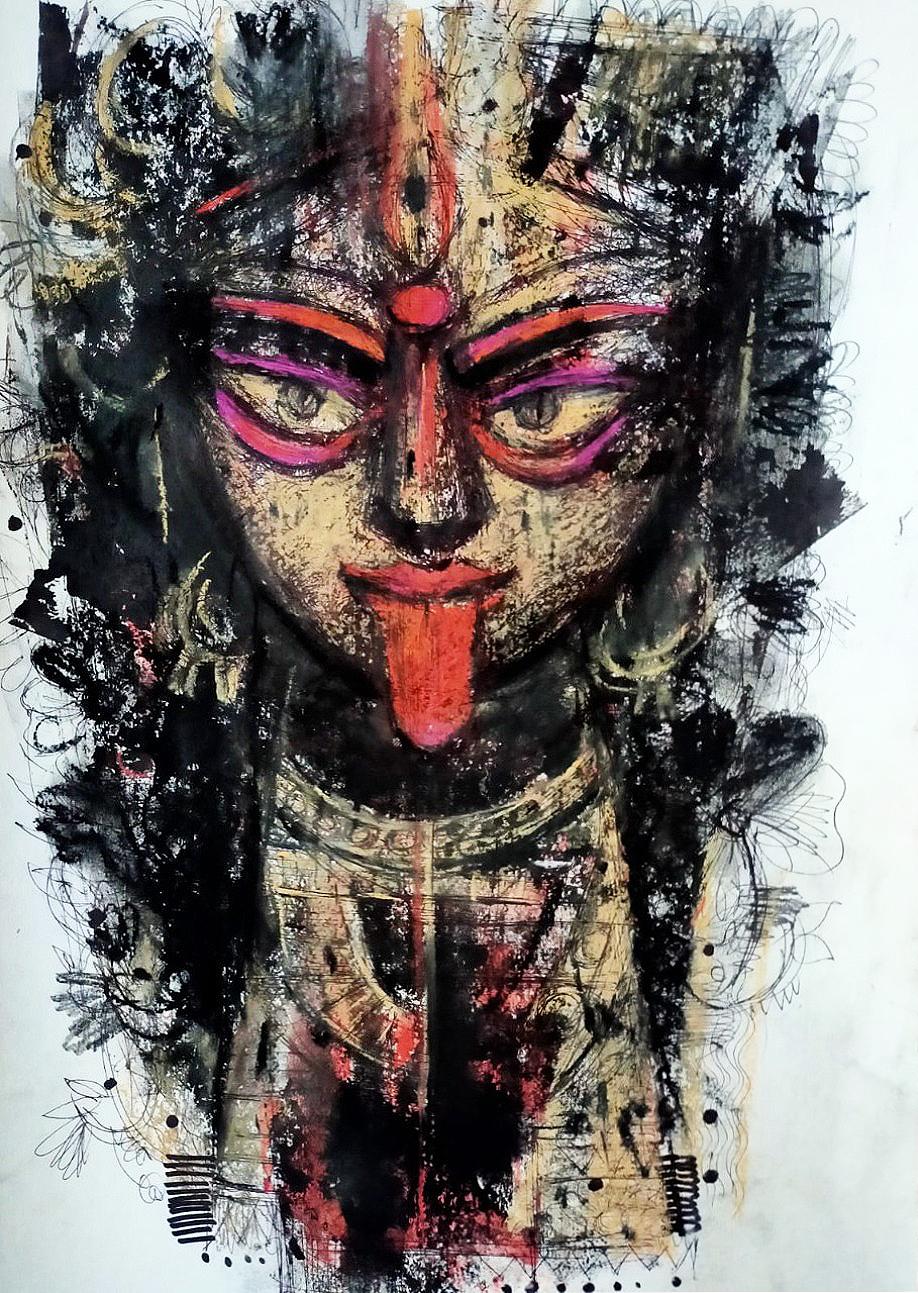 Maa Kali, technique mixte sur papier, rouge, rose, noir, de l'artiste contemporain - en stock