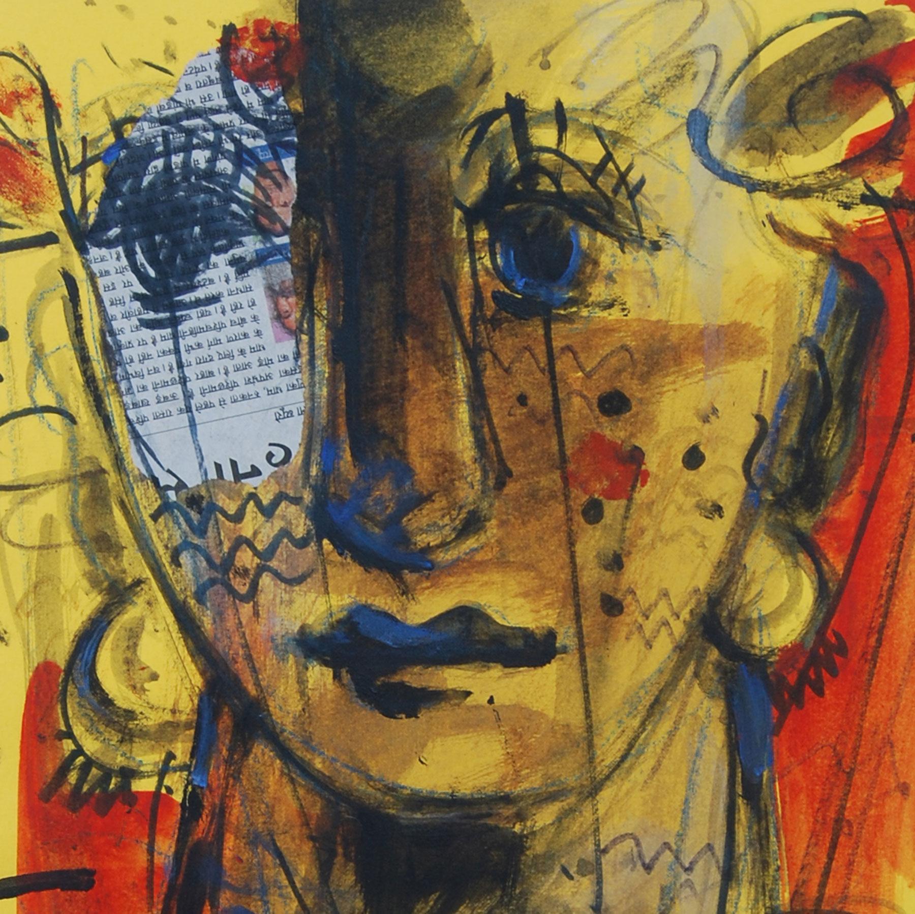 Man & Frau, Gesichter, Mixed Media, Rot, Blau, Braun von Indian Artist „In Stock““ (Grau), Portrait Painting, von Sekhar Kar