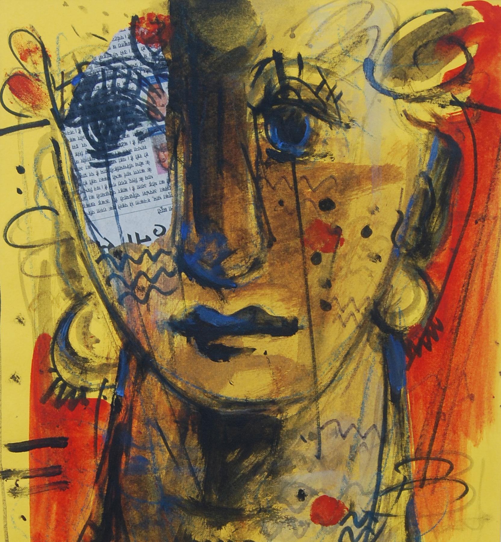 Man & Frau, Gesichter, Mixed Media, Rot, Blau, Braun von Indian Artist „In Stock““ im Angebot 3