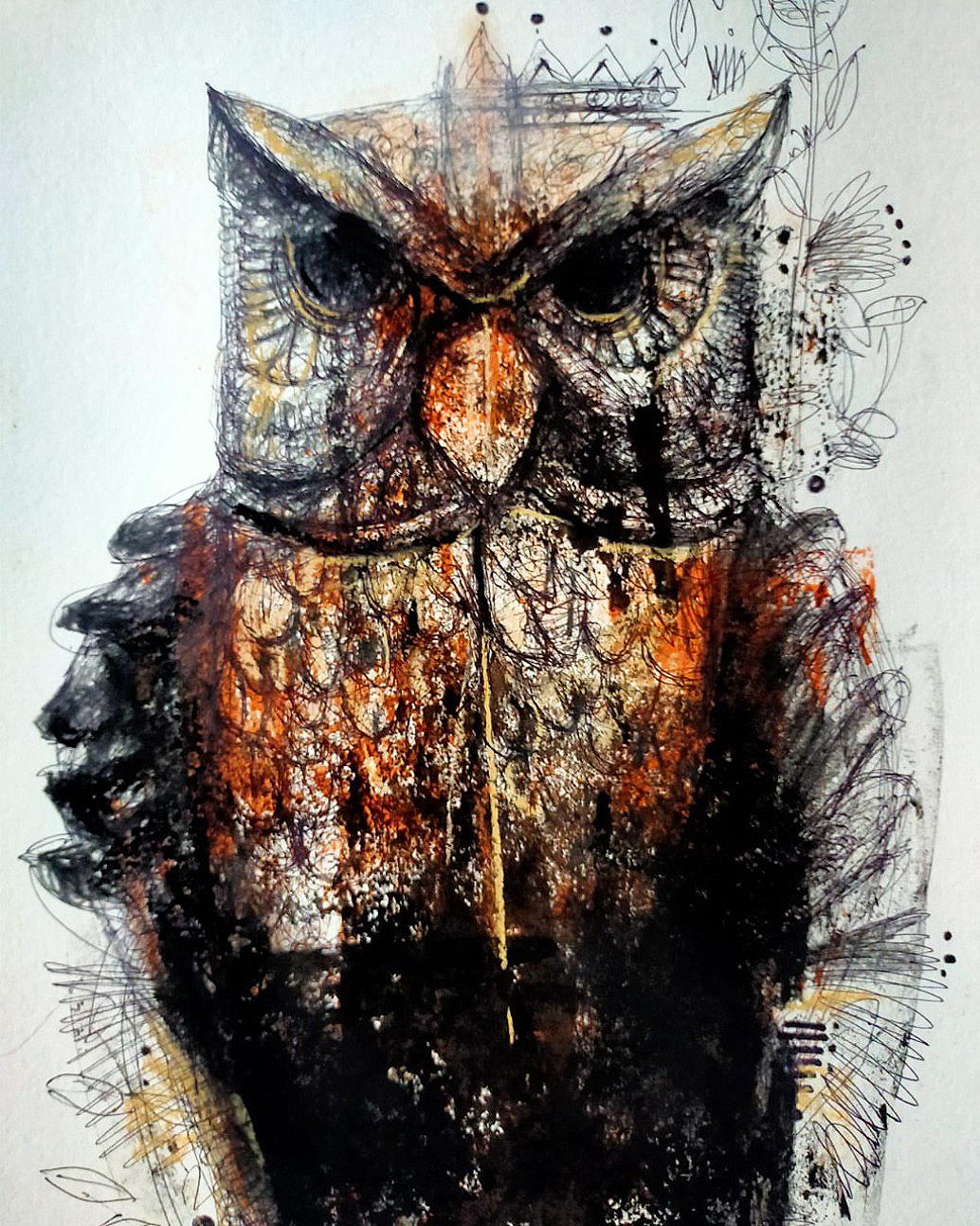 Hibou, technique mixte sur papier, orange, noir, de l'artiste contemporain « en stock »