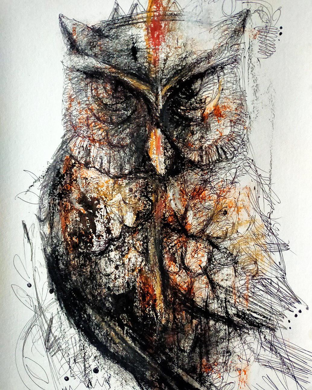 Owl, Mixed Media on Paper, Orange, Black by Contemporary Artist "In Stock"