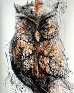 Owl, Mixed Media on Paper, Orange, Black by Contemporary Artist "In Stock"