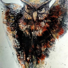 Owl, Mixed Media on Paper, Orange, Black by Contemporary Artist "In Stock"
