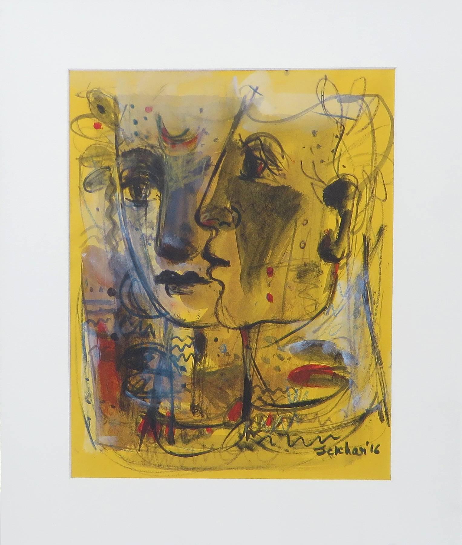 Sekhar Kar Portrait Painting - Togetherness, Couple, Mixed Media, Yellow, Red, Blue by Indian Artist "In Stock"
