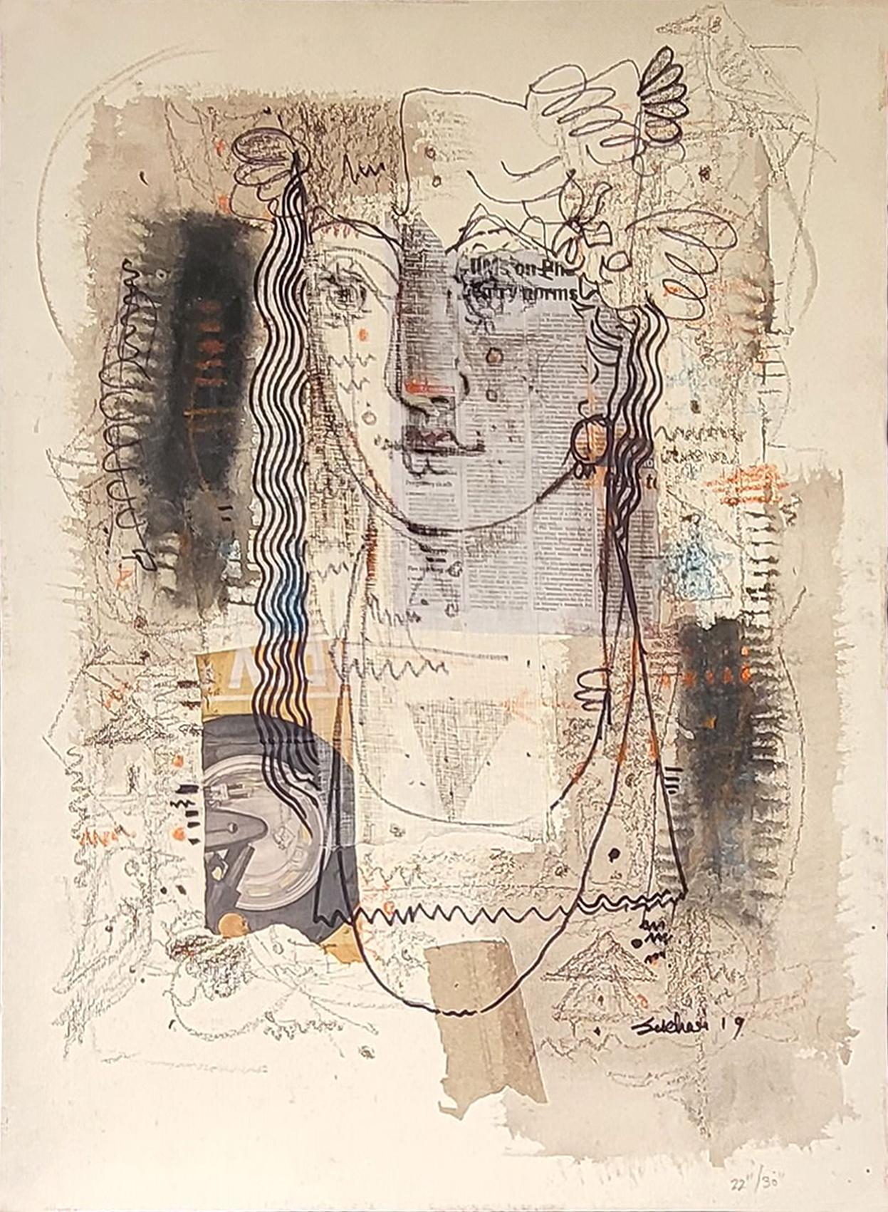 Sans titre, technique mixte sur papier, artiste contemporain indien de couleur noire - en stock - Mixed Media Art de Sekhar Kar