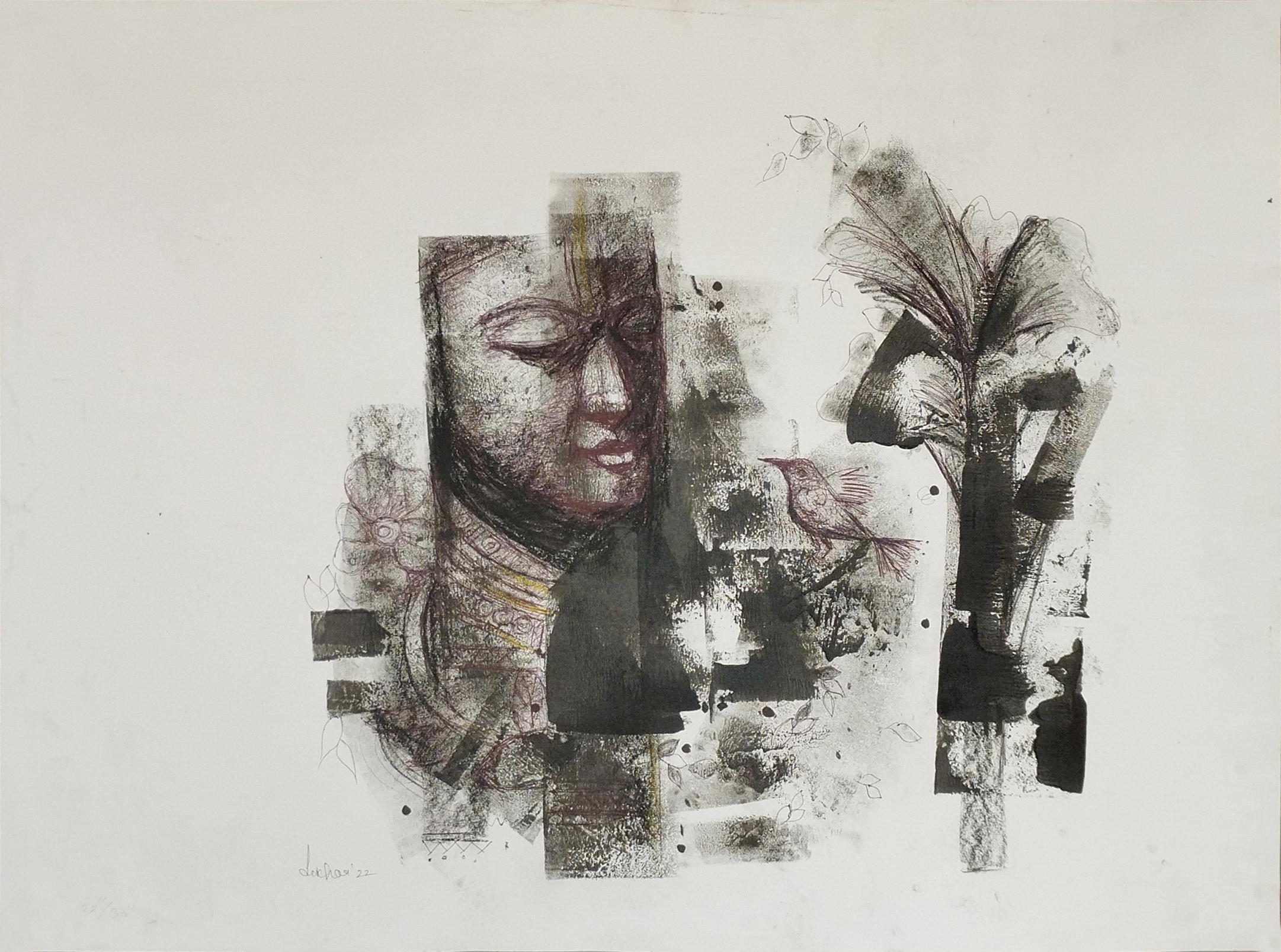 Ohne Titel, Mischtechnik auf Papier, schwarze Farbe, zeitgenössischer indischer Künstler, auf Lager