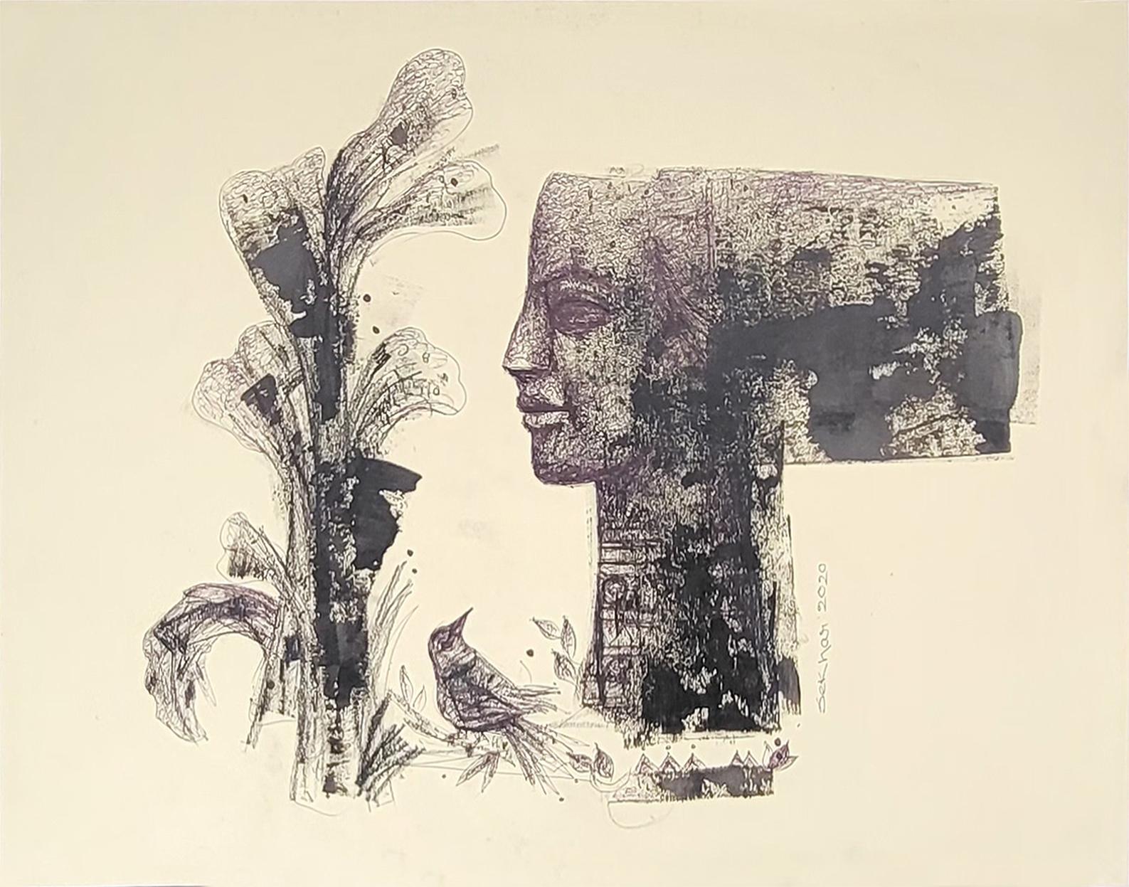 Sin título, Técnica mixta sobre papel color negro, Artista contemporáneo indio-In Stock - Mixed Media Art de Sekhar Kar