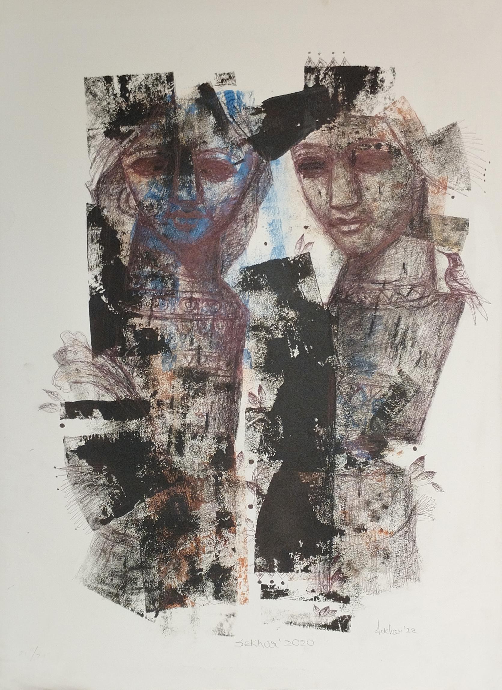 Untitled, Mixed Media on Paper Black, Red Indian Contemporary Artist-In Stock - Mixed Media Art de Sekhar Kar