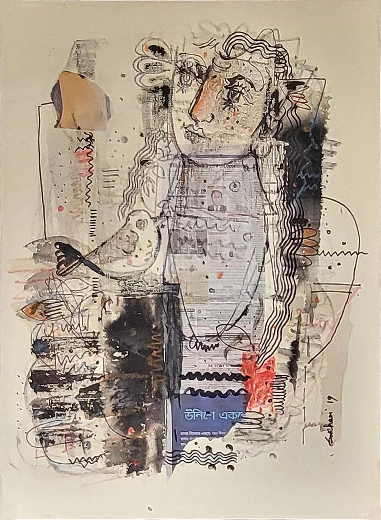 Untitled, Mixed Media on Paper Black, Red Indian Contemporary Artist-In Stock - Mixed Media Art de Sekhar Kar