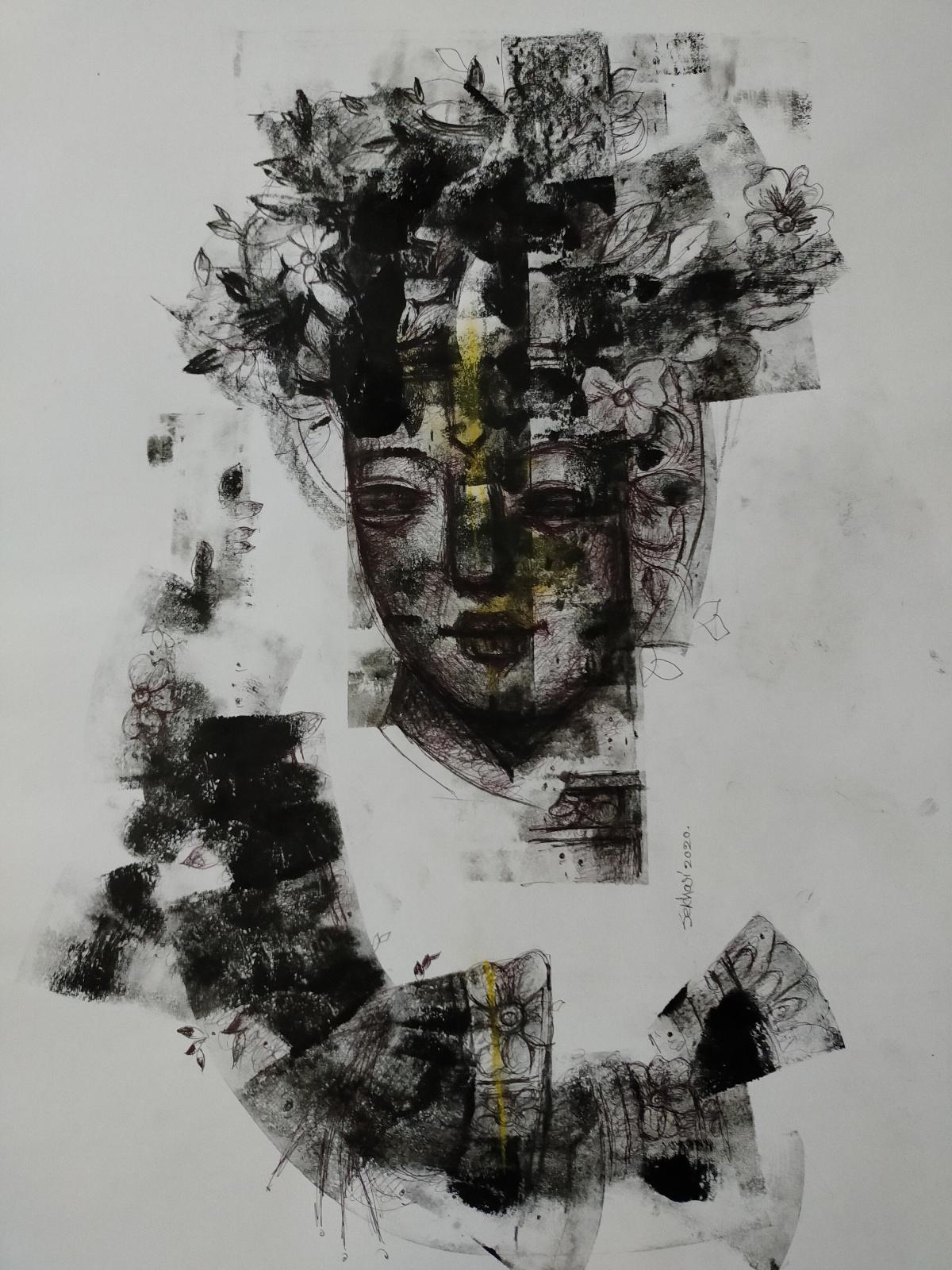 Untitled, Mixed Media on Paper, Black, White by Contemporary Artist "In Stock" - Mixed Media Art by Sekhar Kar