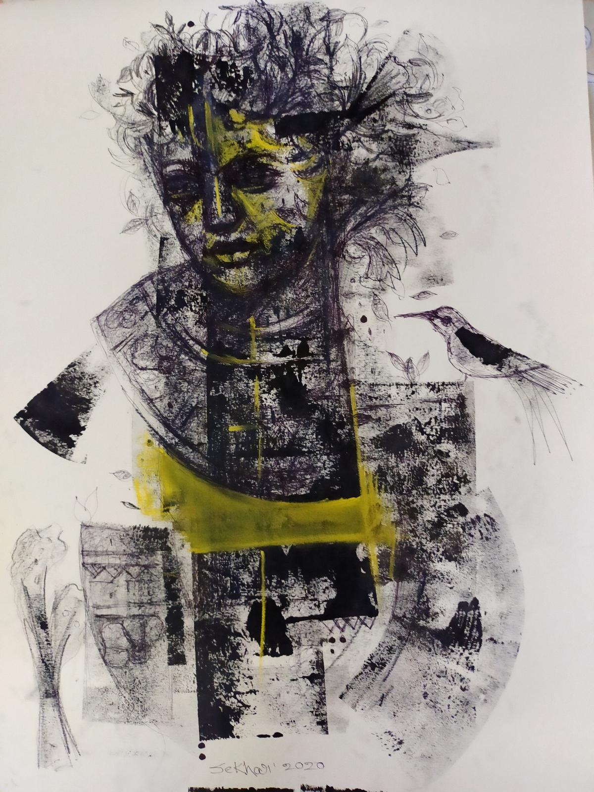 Sin título, Técnica mixta sobre papel, Negro, Amarillo por Artista Contemporáneo "En Stock" - Mixed Media Art de Sekhar Kar