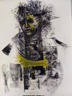 Sans titre, technique mixte sur papier, noir, jaune par l'artiste contemporain « En stock »