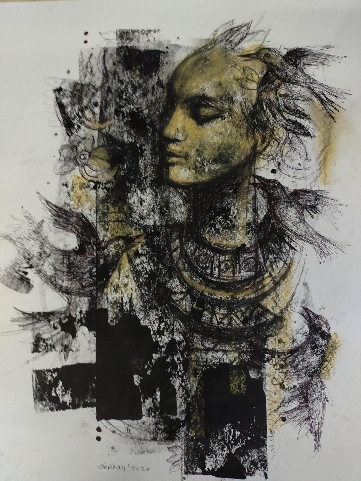 Sekhar Kar Portrait - Untitled, Mixed Media on Paper, Black, Yellow by Contemporary Artist "In Stock"