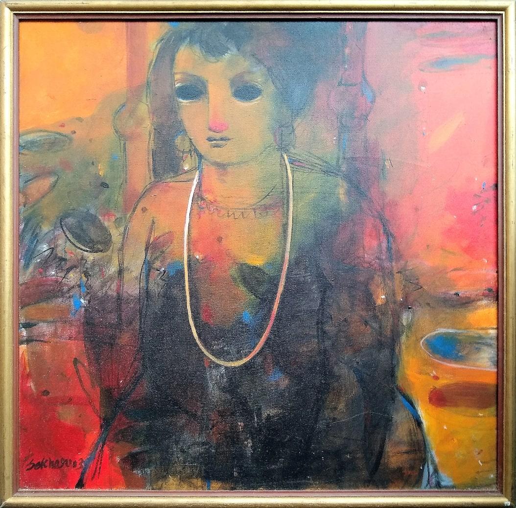 Woman, Acrylic on Canvas, Red, Yellow, Orange by Contemporary Artist "In Stock"