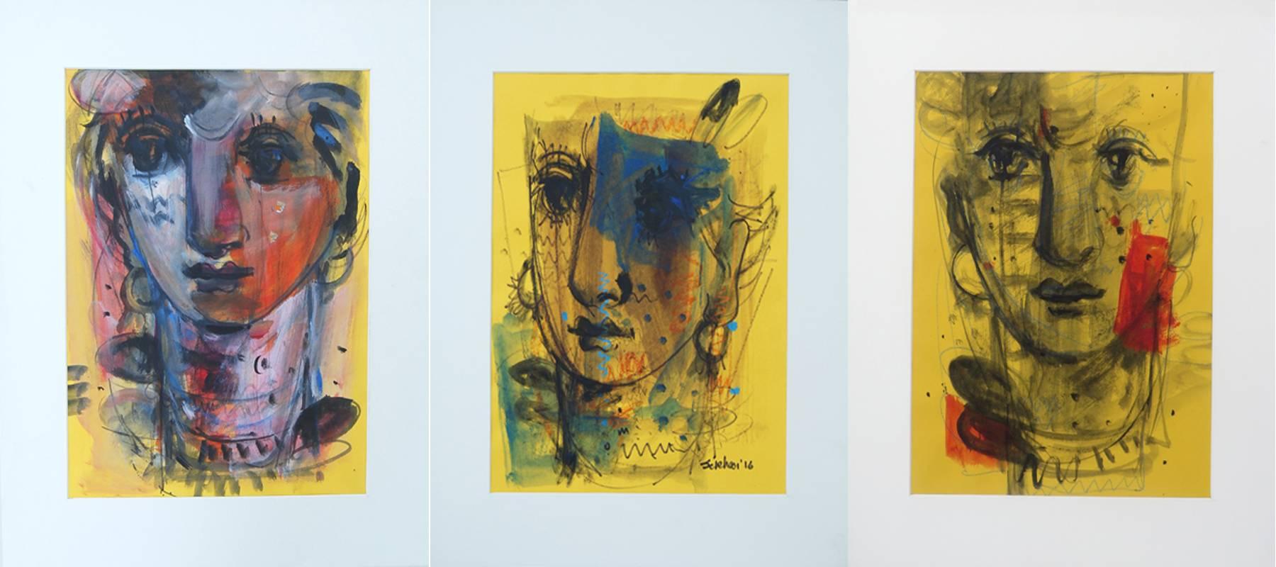 Sekhar Kar Figurative Painting - Woman Faces, Mixed Media, Blue, Brown, Red, Yellow by Indian Artist "In Stock"