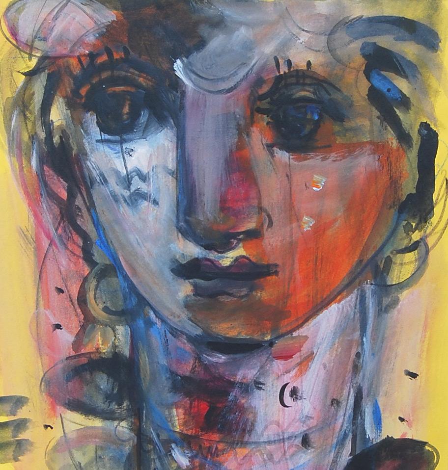 Woman Faces, Mixed Media, Blue, Brown, Red, Yellow by Indian Artist 