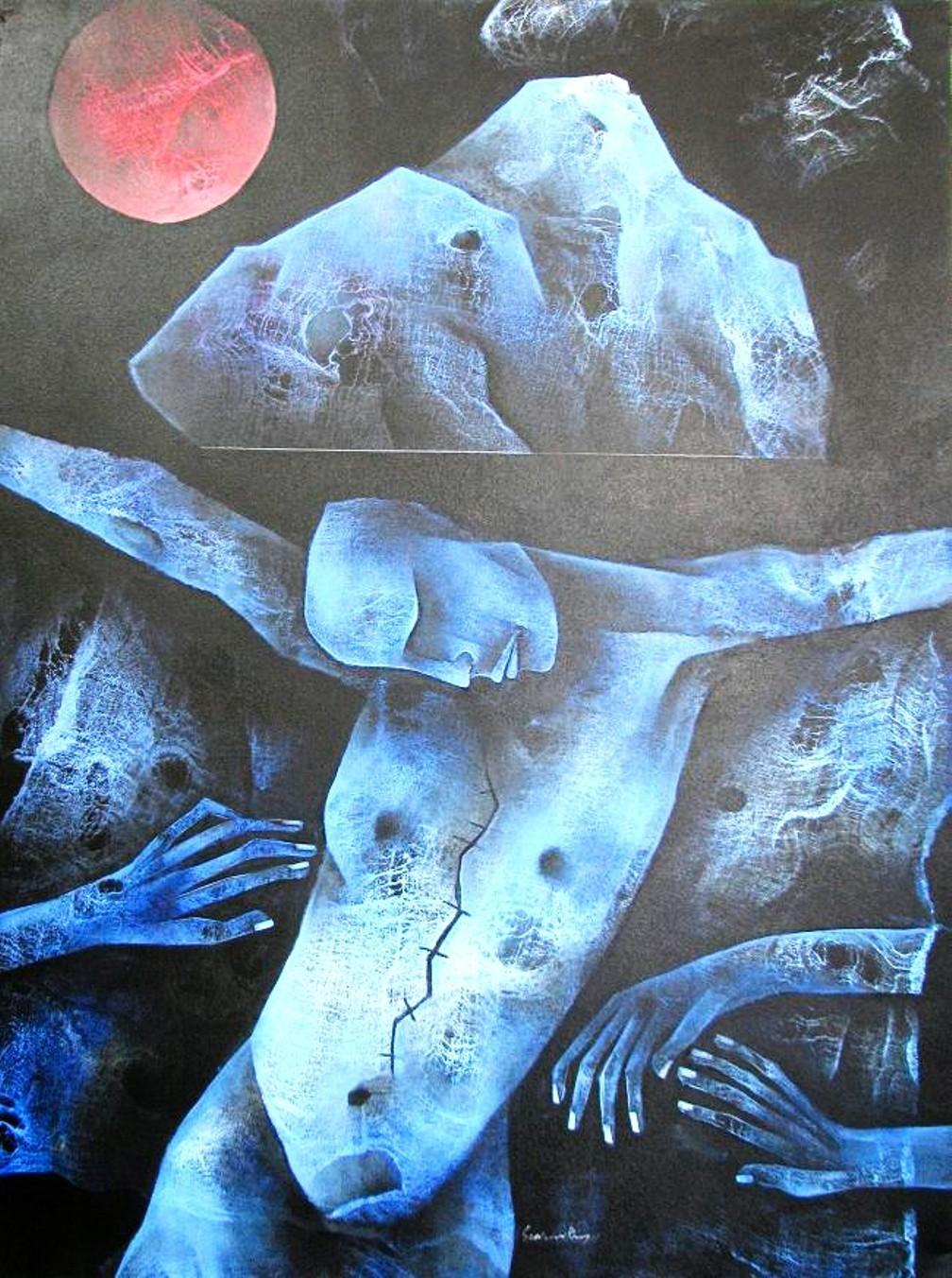 Sans titre, acrylique sur toile, couleurs bleues et noires de l'artiste indien « En stock » - Art de Sekhar Roy