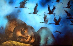 Sin título, acrílico sobre lienzo, azul, naranja, amarillo por Artista indio "En Stock"