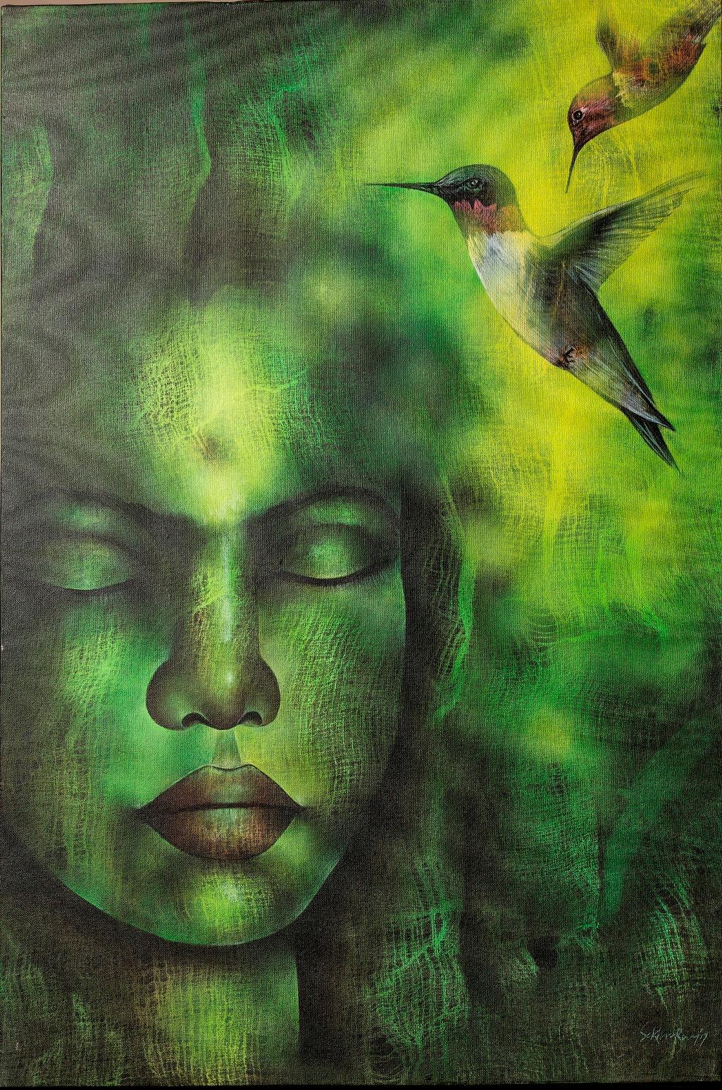 Animal Painting Sekhar Roy - Sans titre, acrylique sur toile, vert, jaune par l'artiste indien « En stock »