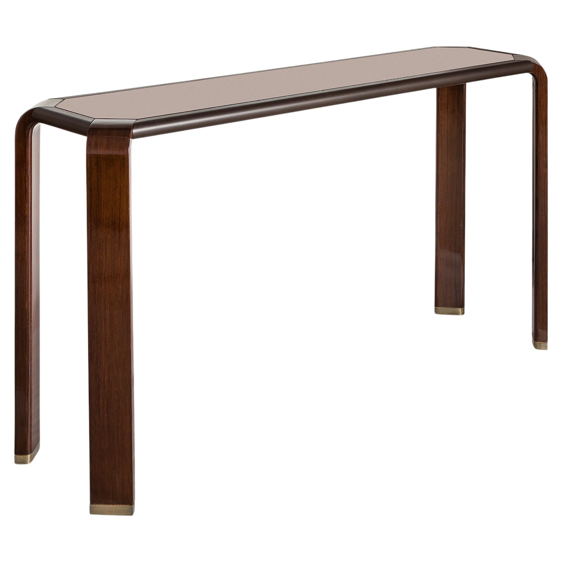 Console, Back Painted Glass Top with Lacquered Wood Frame, Oak Legs, Waterfall