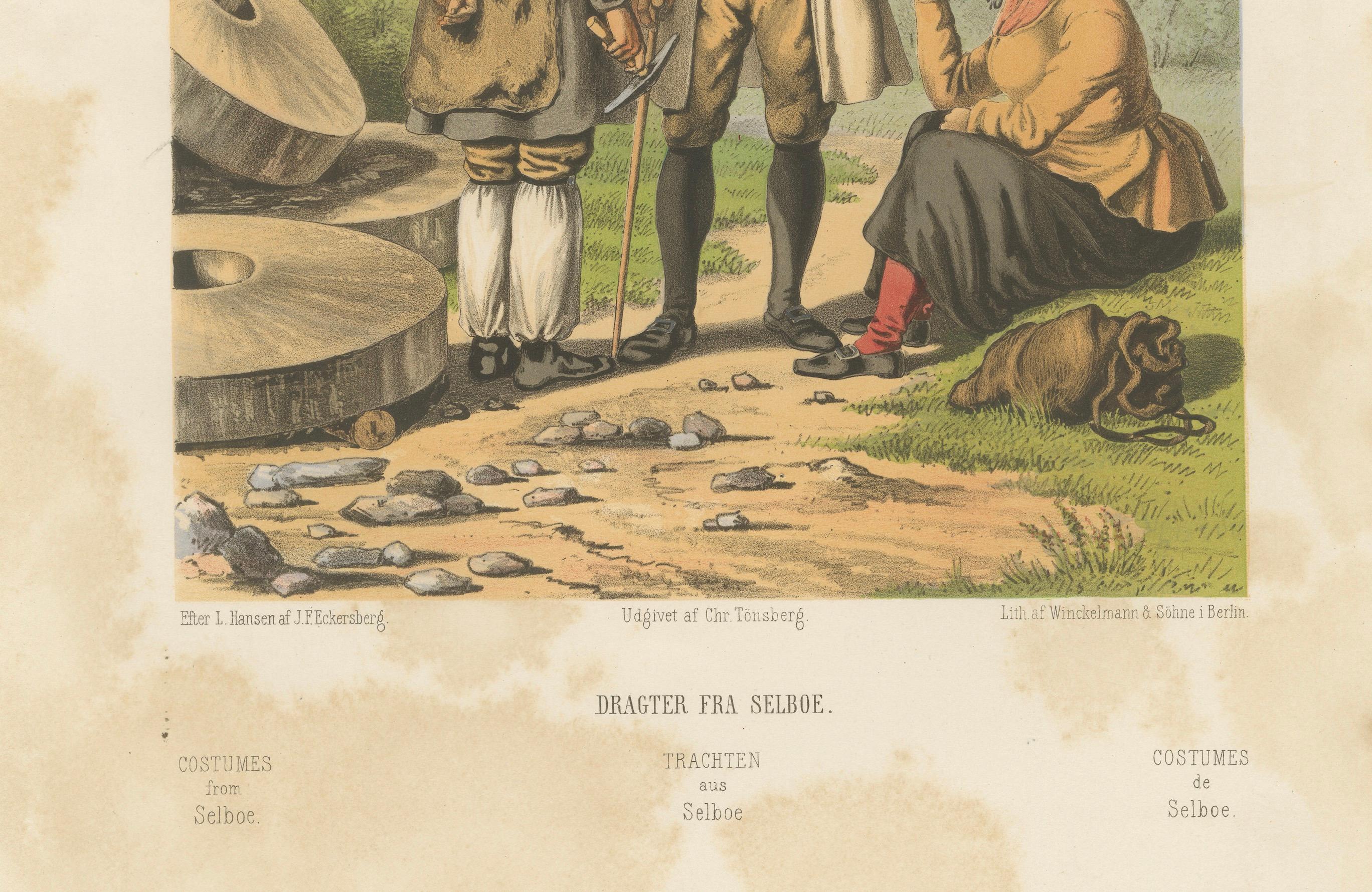 Norwegian Folk Costumes from Selboe – Tonsberg Edition, 1860s

This 19th-century chromolithograph presents a rural scene with figures in traditional dress from Selboe (modern-day Selbu), a region in Trøndelag county, central Norway. The print
