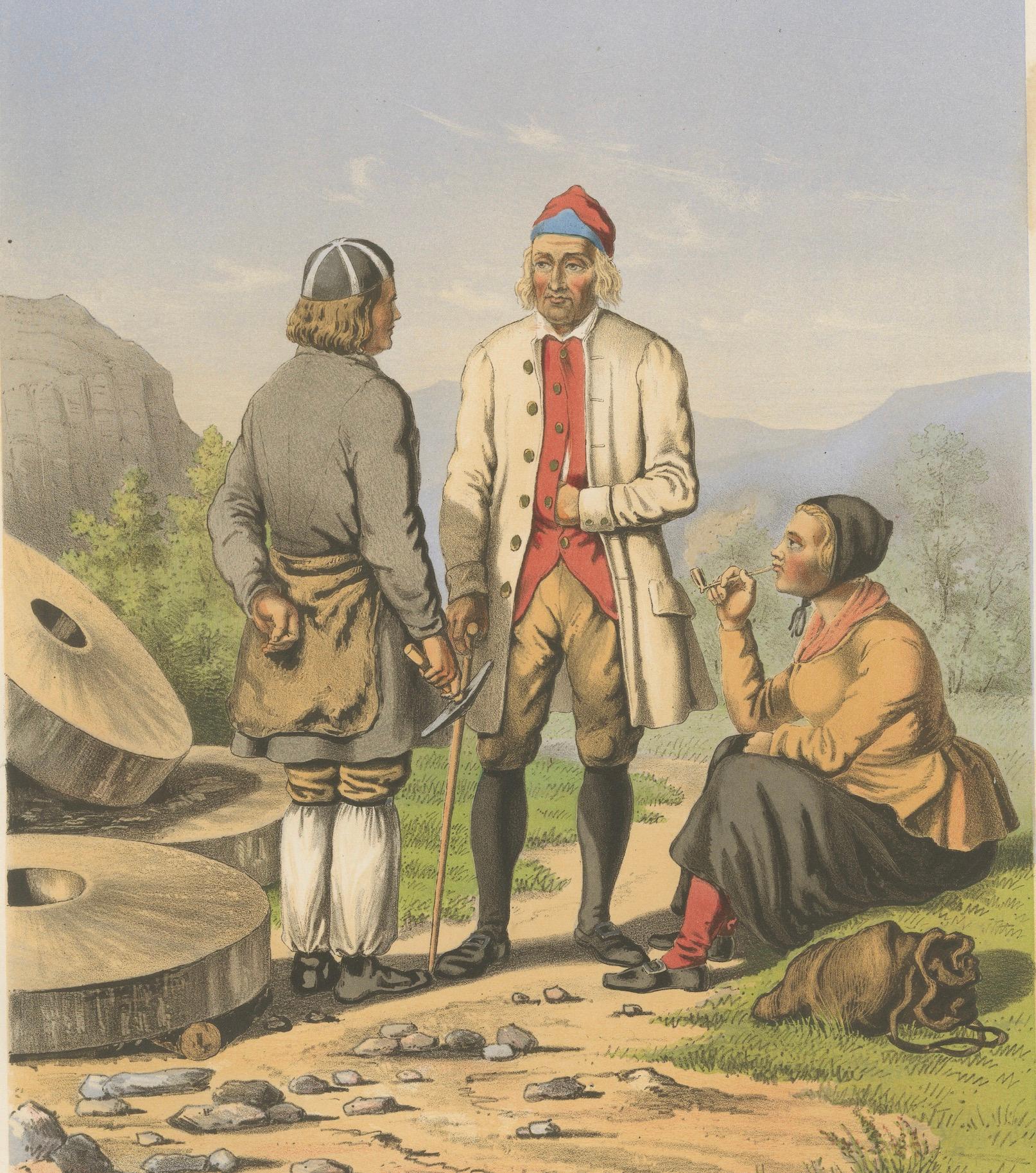 Mid-19th Century Selbu Regional Dress – Norwegian Folk Attire with Stone Quarry Scene, c.1860 For Sale
